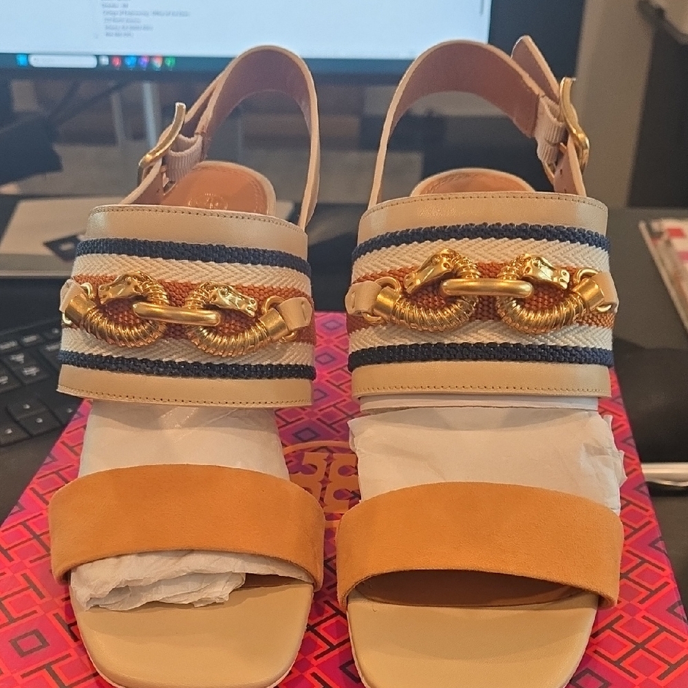 Tory Burch Tan and Gold Sandals with Woven Design